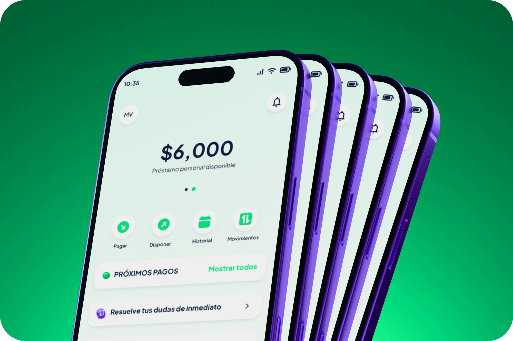 Varios teléfonos mostrando la app de Zazpay con un préstamo personal disponible de $6,000